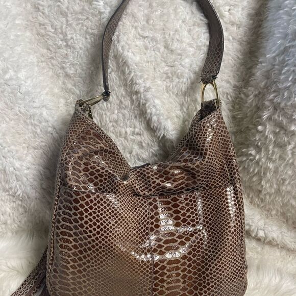 G.I.L.I.  Leather Brown snake skin print Medium Boho shoulder bag Tasel accent . - Picture 2 of 12